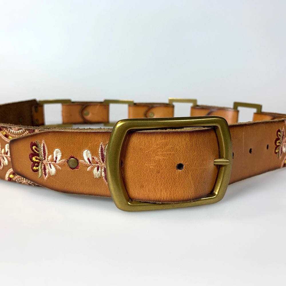 Lucky Brand Tan Leather Hip Belt Embroidered M/L